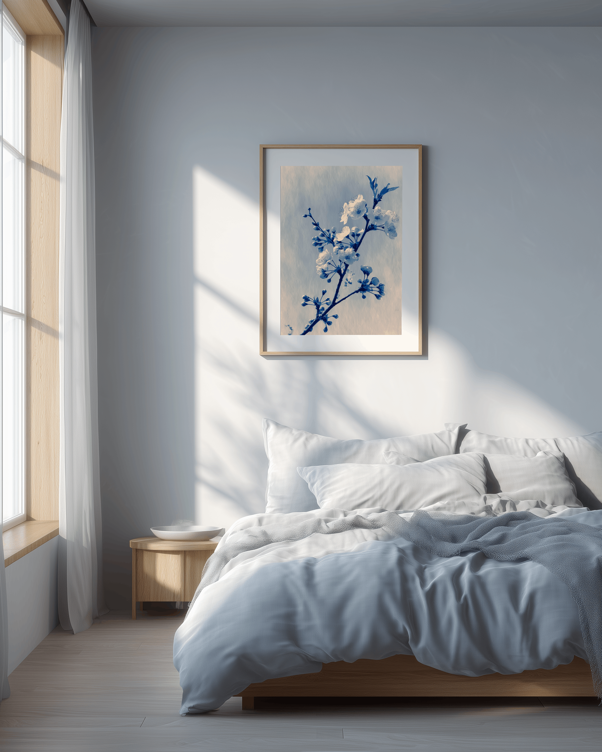 Blue cherry blossom wall art in a light oak frame hanging above a bed with soft blue-grey linen in a calm minimalist bedroom.