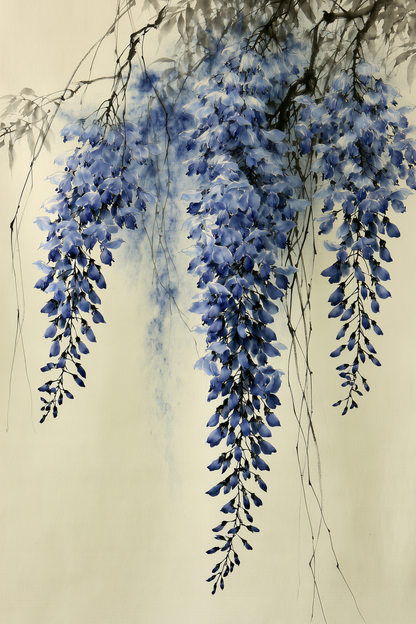 Wisteria Mist wall art print in muted indigo and blue-violet tones, Yugen Print.