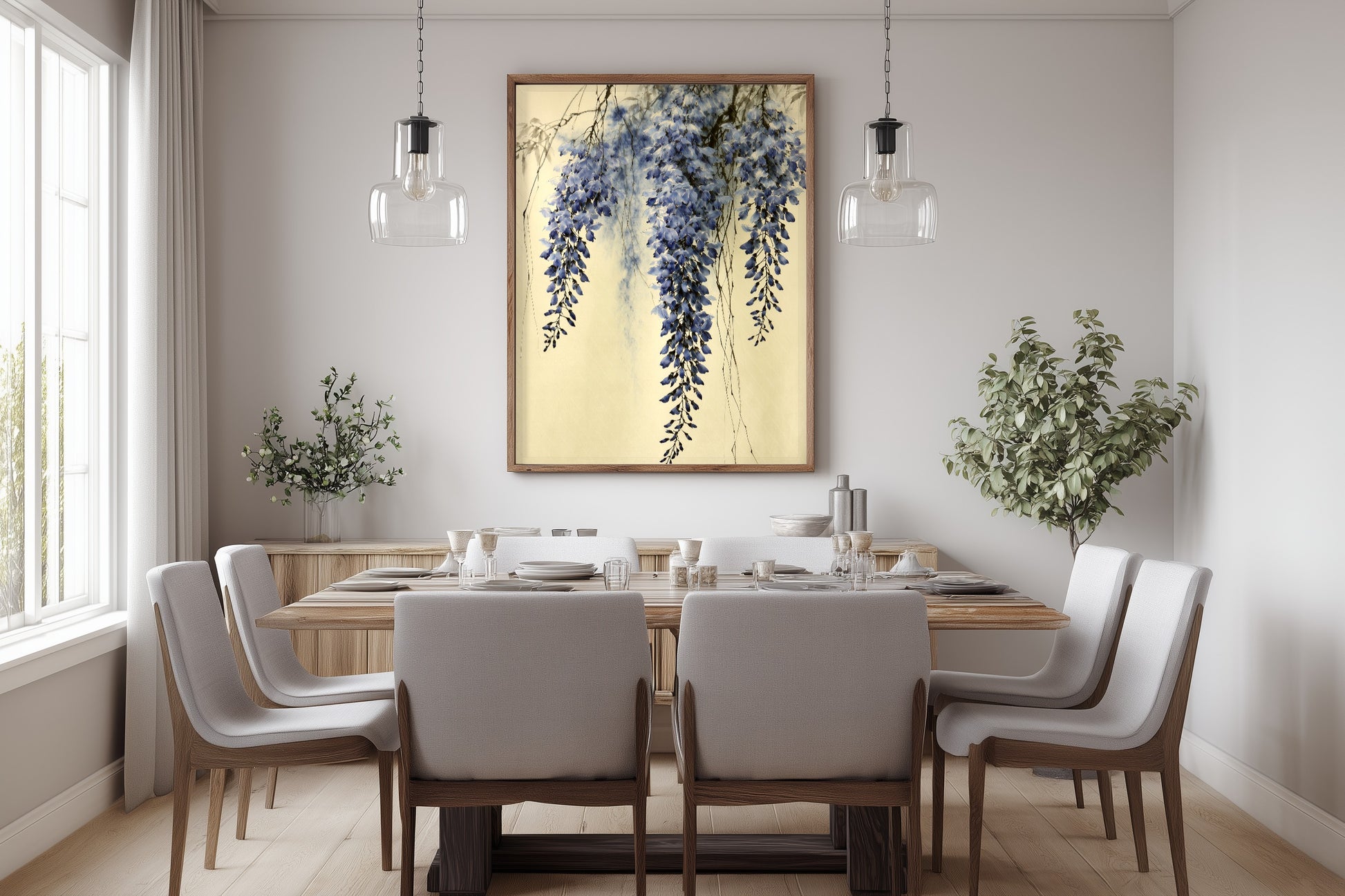 Wisteria Mist print in a dining room with a wooden table and pale linen chairs, Yugen Print.