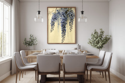 Wisteria Mist print in a dining room with a wooden table and pale linen chairs, Yugen Print.