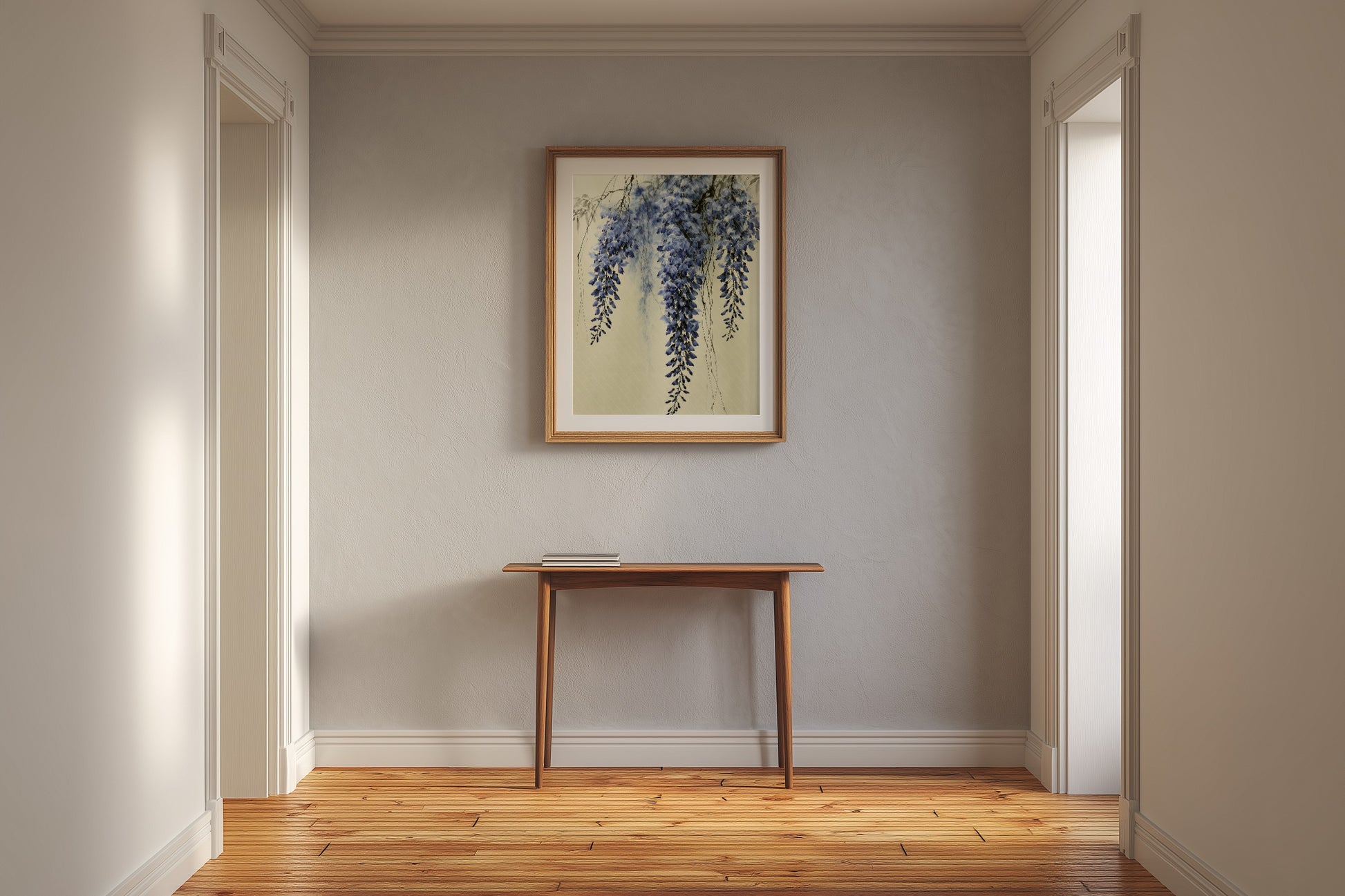 Wisteria Mist print in a narrow hallway with pale walls and a slim console table, Yugen Print.
