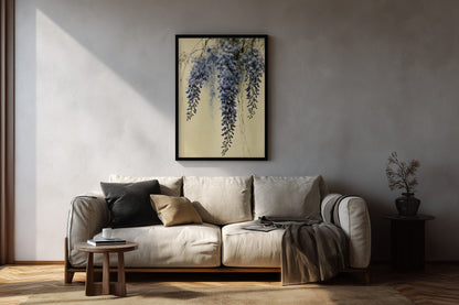 Wisteria Mist print in a living room with linen sofa, walnut side table, and soft afternoon light, Yugen Print.