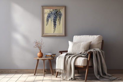 Wisteria Mist print in a reading nook with a linen armchair and a small side table, Yugen Print.