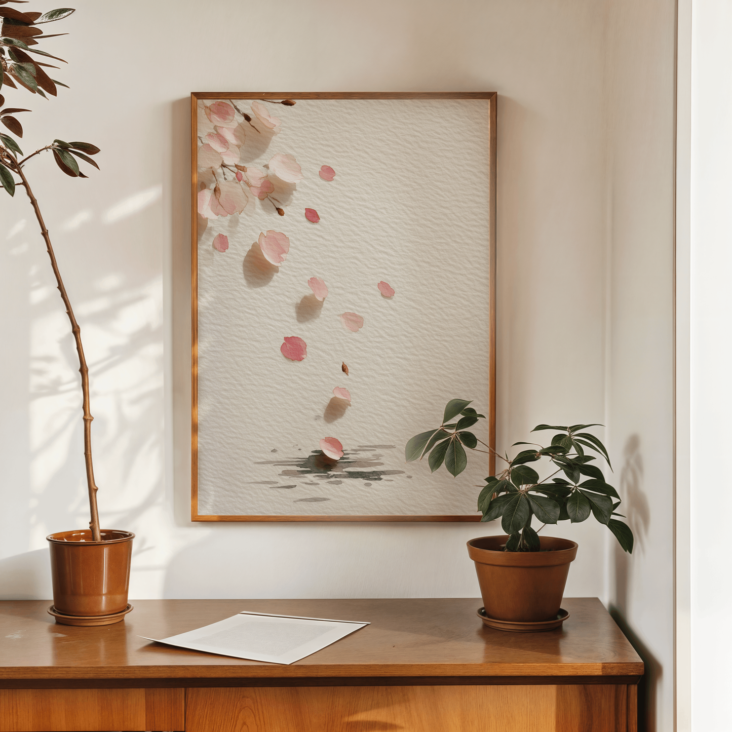 Cherry blossom wall art framed in light wood above a mid-century wood credenza with potted plants in a bright neutral room.