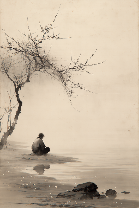 The Stillness sumi-e ink wall art print in sepia and charcoal tones on cream paper, Yugen Print.