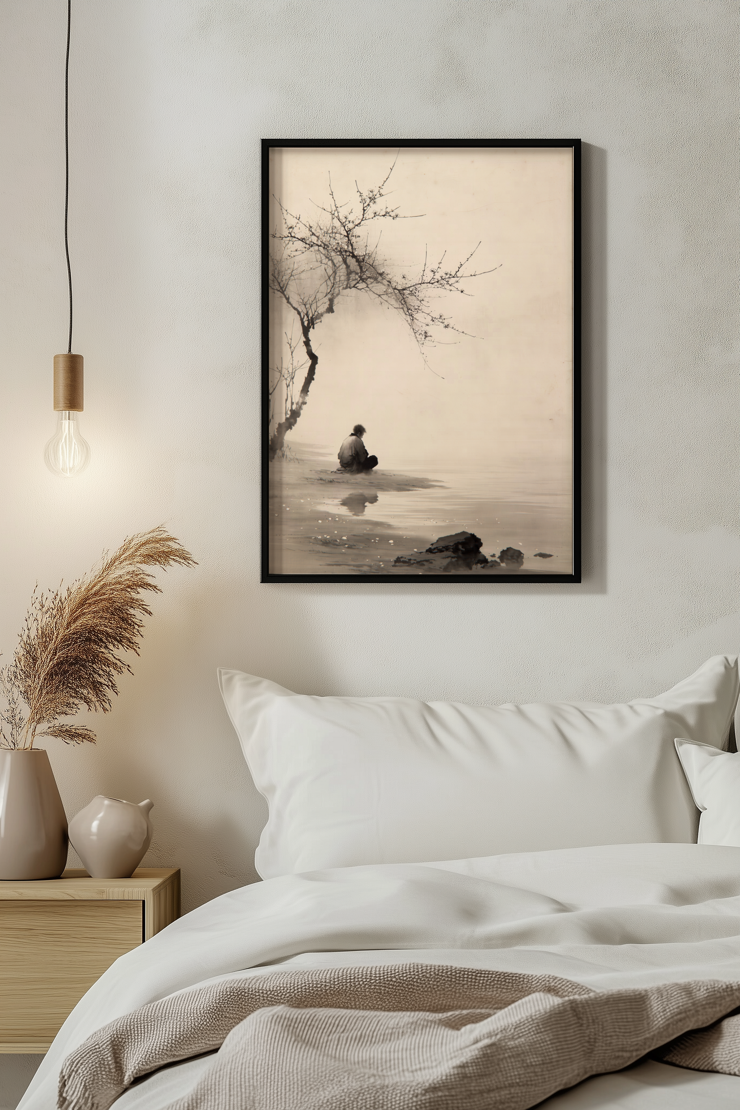 The Stillness print in a bedroom with low platform bed, ceramic vessel, and warm ambient light, Yugen Print.