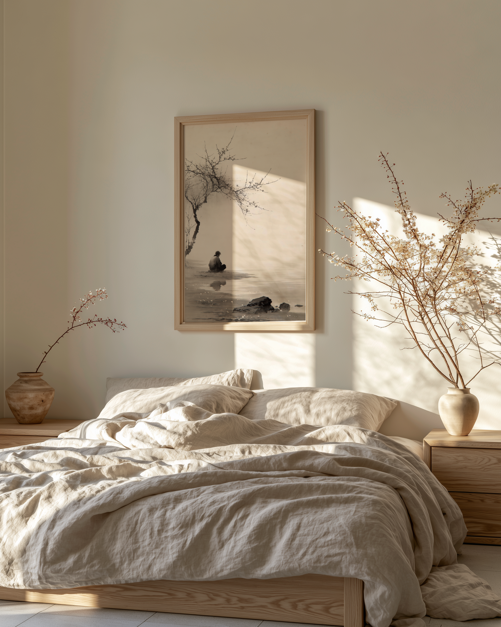 The Stillness print in a bedroom with low platform bed, ceramic vessel, and warm ambient light, Yugen Print.