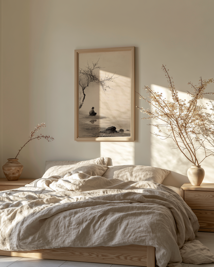 The Stillness print in a bedroom with low platform bed, ceramic vessel, and warm ambient light, Yugen Print.