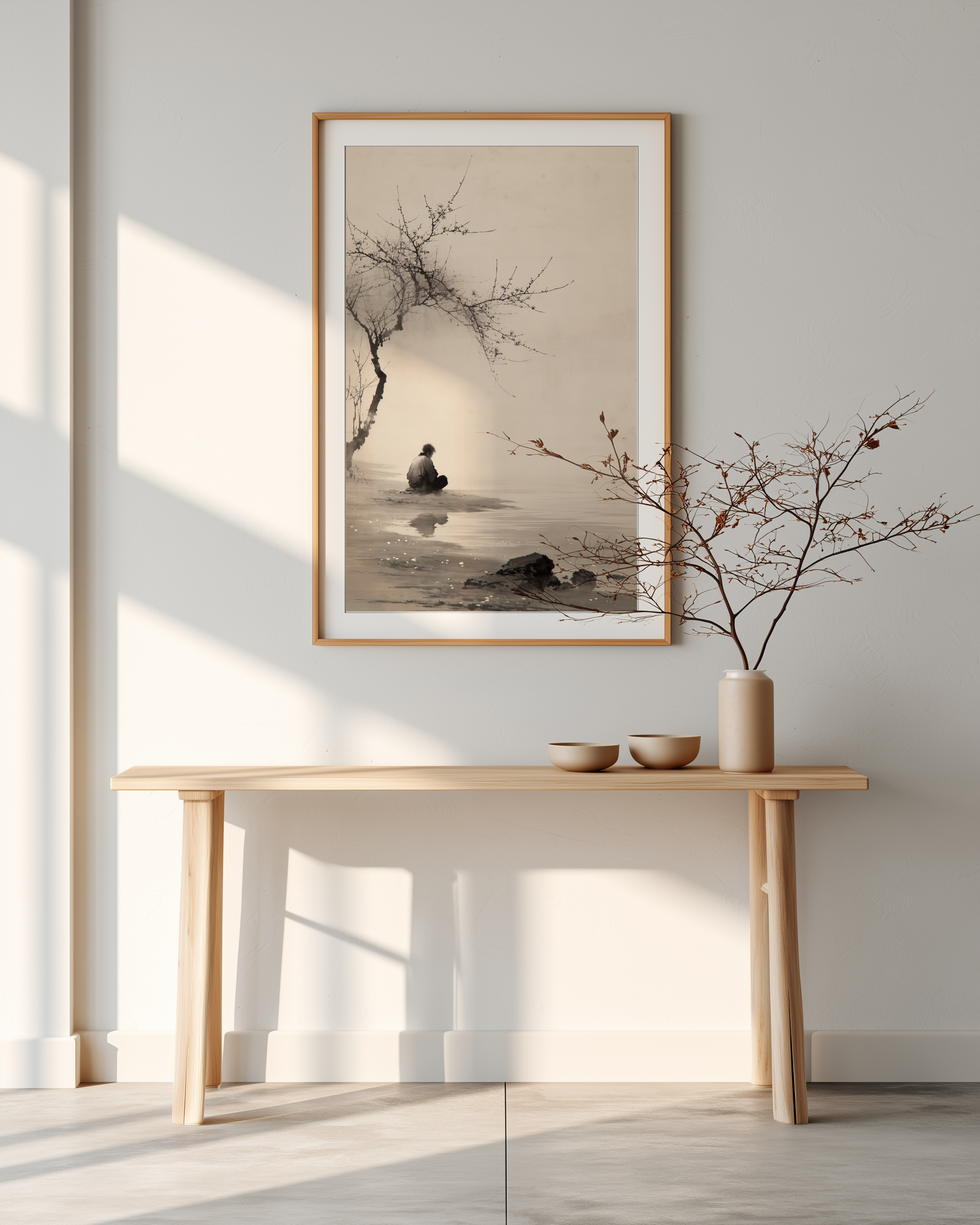 The Stillness print in an entryway with console table, ceramic bowl, and warm lighting, Yugen Print.