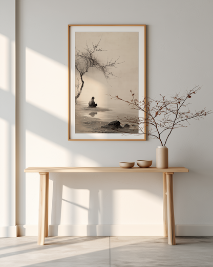The Stillness print in an entryway with console table, ceramic bowl, and warm lighting, Yugen Print.