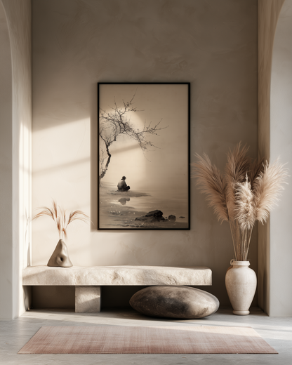 The Stillness — meditation figure beneath tree | Zen ink spirit