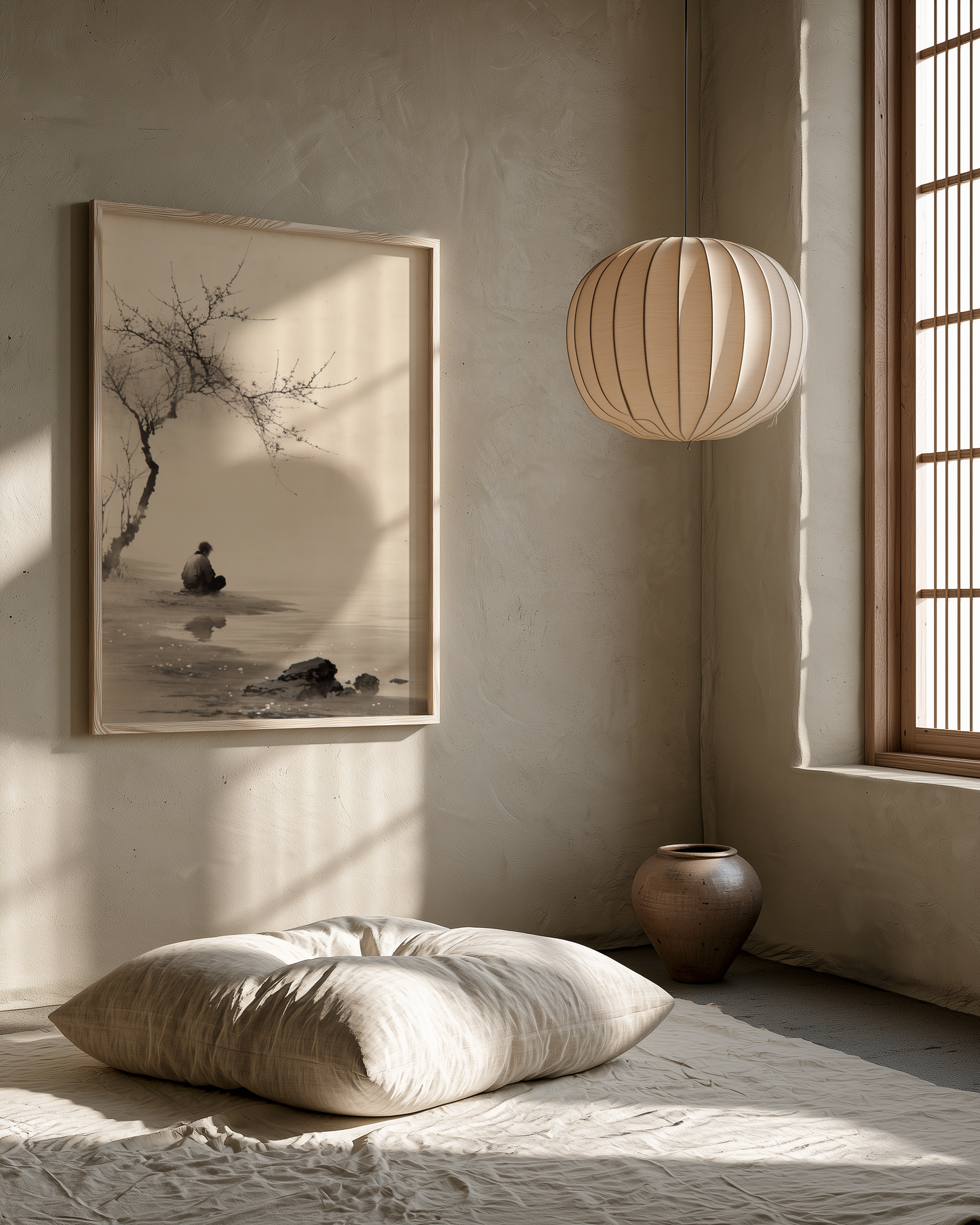 The Stillness print in a meditation room with low seating, bamboo mat, and diffused natural light, Yugen Print.