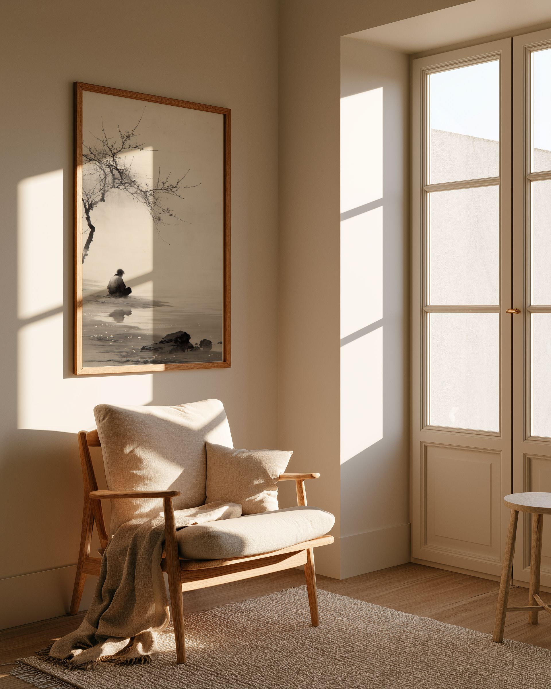 The Stillness print in a reading nook with linen chair, wool throw, and window light, Yugen Print.