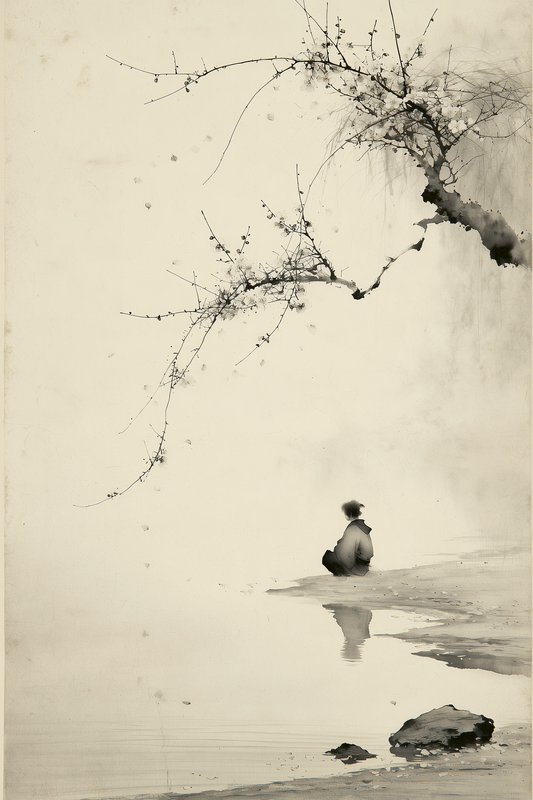 The Crossing AI-assisted sumi-e ink wall art print in soft charcoal and sepia on cream paper, Yugen Print.