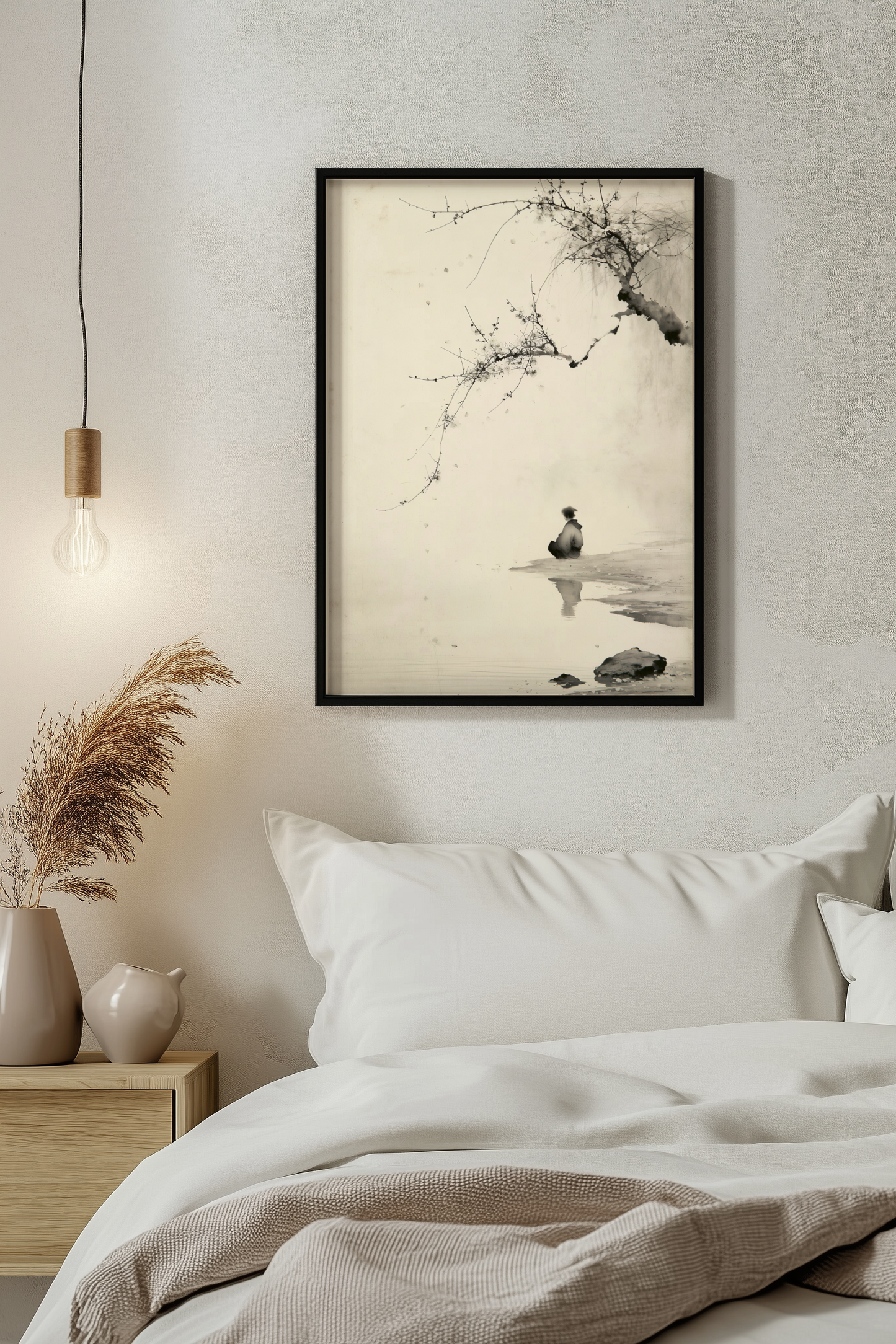 The Crossing print in a bedroom with white bedding, pendant bulb light, and pampas grass, Yugen Print