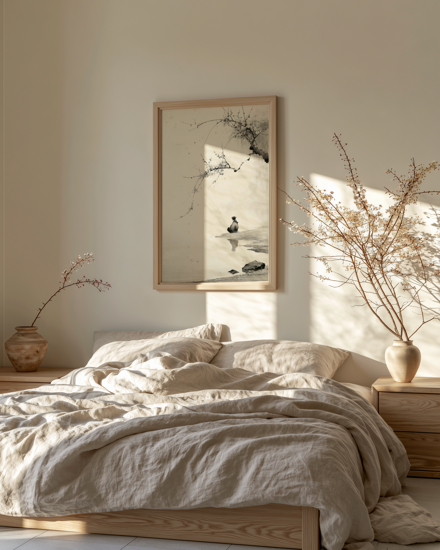 The Crossing print in a bedroom with white bedding, pendant bulb light, and pampas grass, Yugen Print