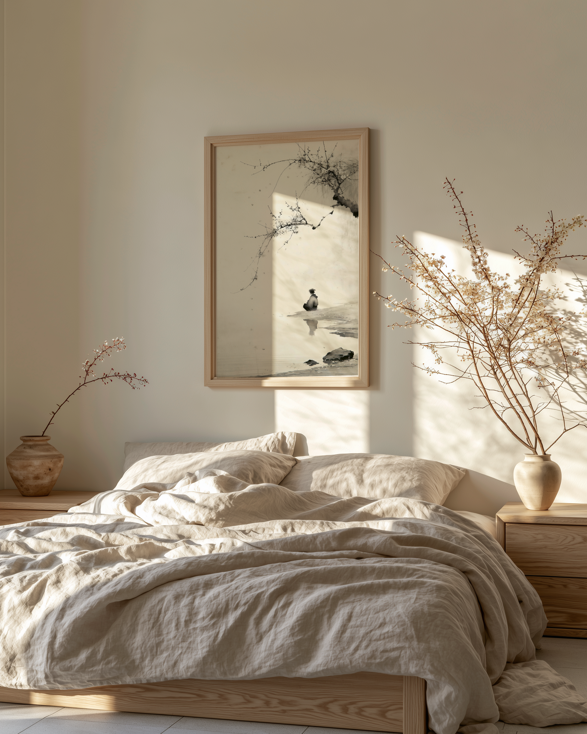 The Crossing print in a bedroom with white bedding, pendant bulb light, and pampas grass, Yugen Print
