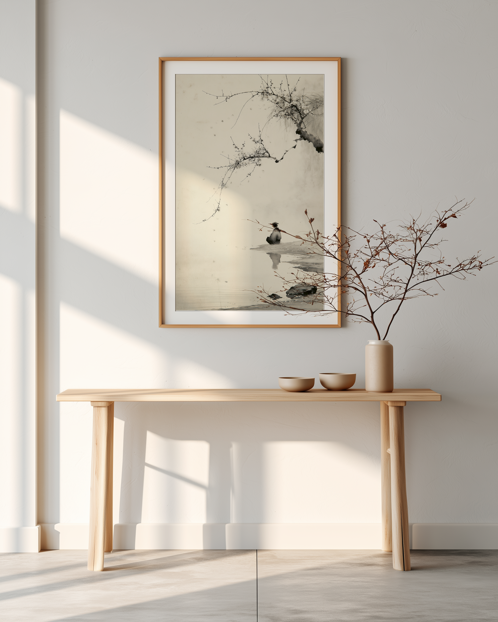 The Crossing print in an entryway with light wood console table, ceramic vase with branches, and natural light, Yugen Print