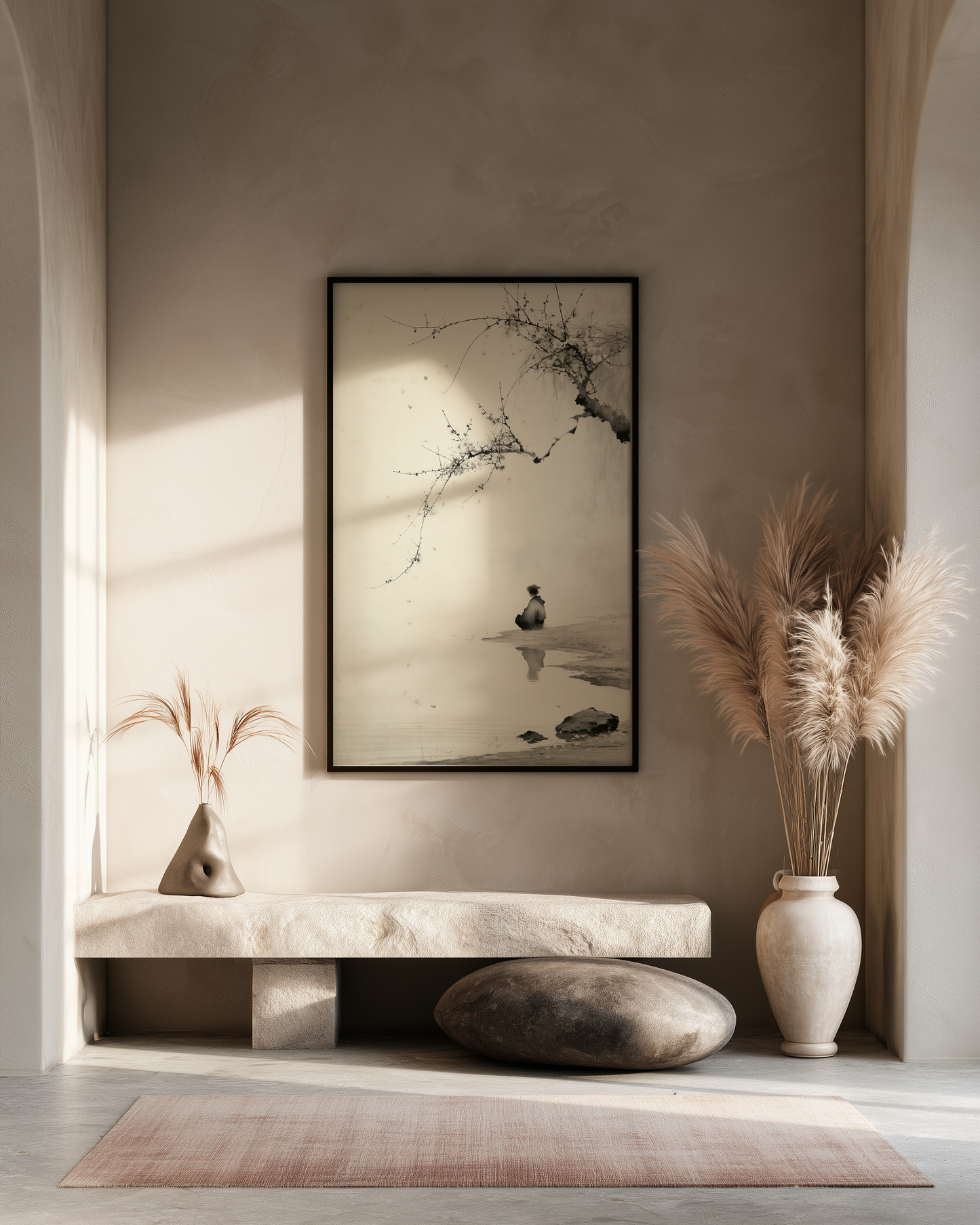 The Crossing print in an entryway with floating wood shelf, pampas grass in vases, and stone accent, Yugen Print