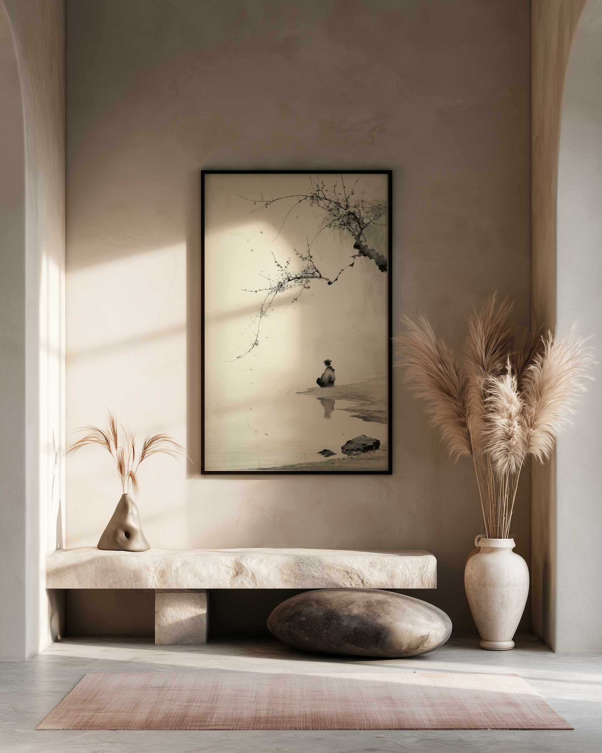 The Crossing print in an entryway with floating wood shelf, pampas grass in vases, and stone accent, Yugen Print