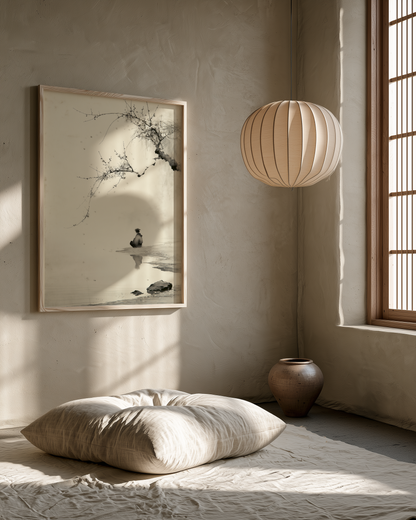 The Crossing print in a meditation room with shoji screen, pendant light, and floor cushions, Yugen Print