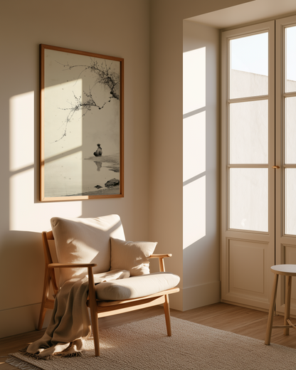 The Crossing print in a reading nook with wooden armchair, cream cushions, and tall paneled doors, Yugen Print