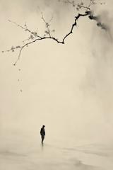 Beneath the Falling Petals AI-assisted ink wall art print in sepia and ink tones on cream paper, Yugen Print