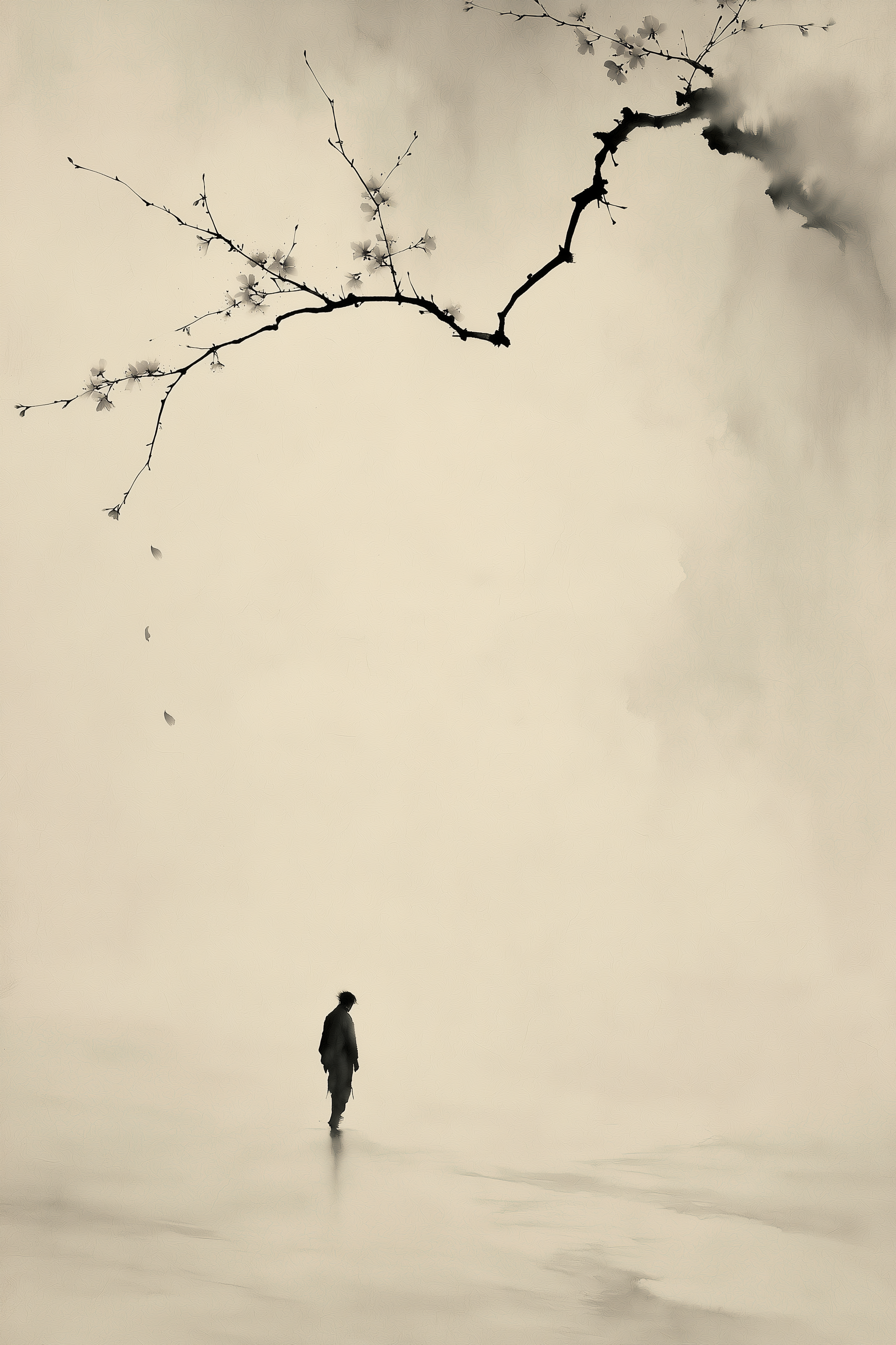 Beneath the Falling Petals AI-assisted ink wall art print in sepia and ink tones on cream paper, Yugen Print