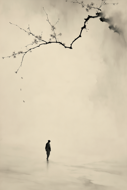 Beneath the Falling Petals AI-assisted ink wall art print in sepia and ink tones on cream paper, Yugen Print