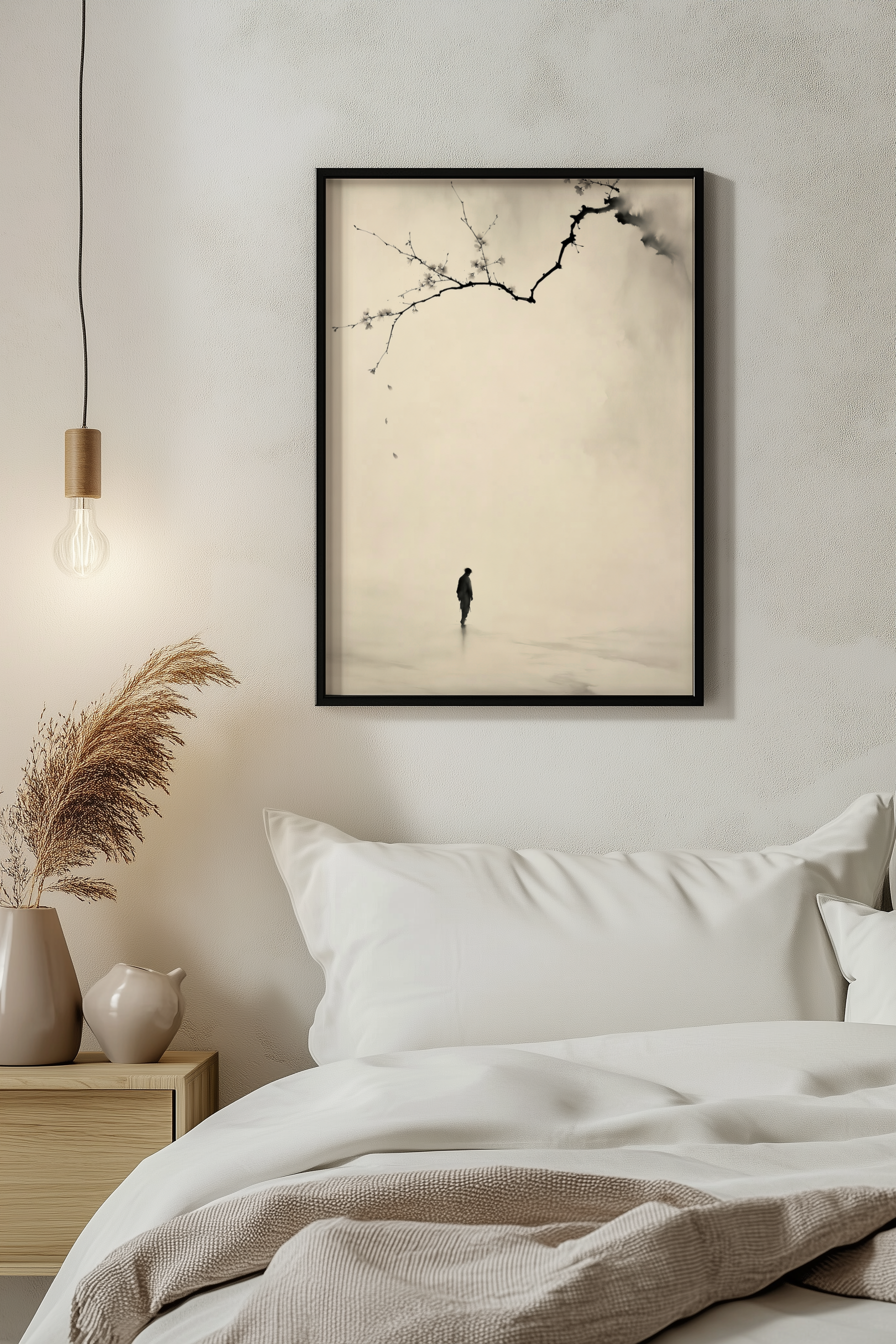 Beneath the Falling Petals print in a bedroom with white upholstered headboard and pendant light, Yugen Print