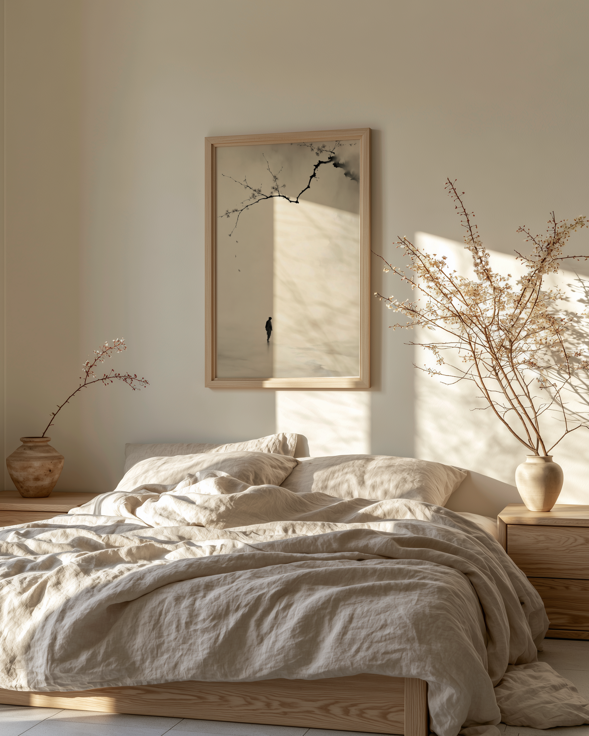 Beneath the Falling Petals print in a bedroom with linen bedding and ceramic vases with flowering branches, Yugen Print