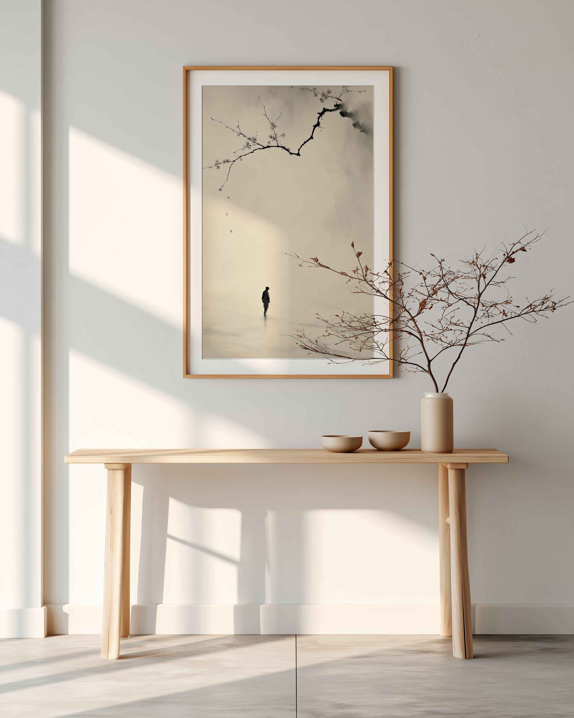 Beneath the Falling Petals print in an entryway with light wood console table and ceramic vase with dried branches, Yugen Print