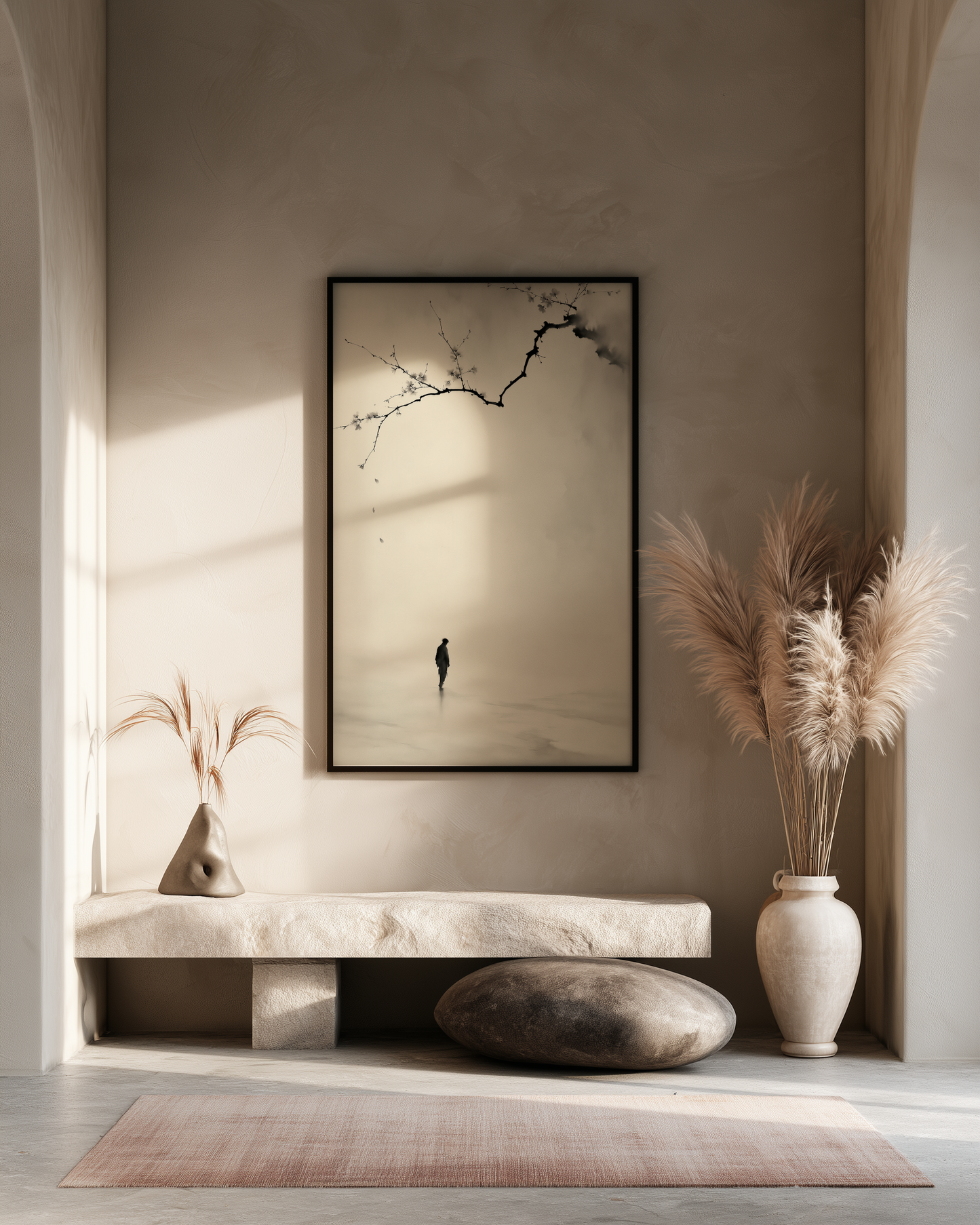 Beneath the Falling Petals — solitary figure with blossom branch | Japanese ink zen