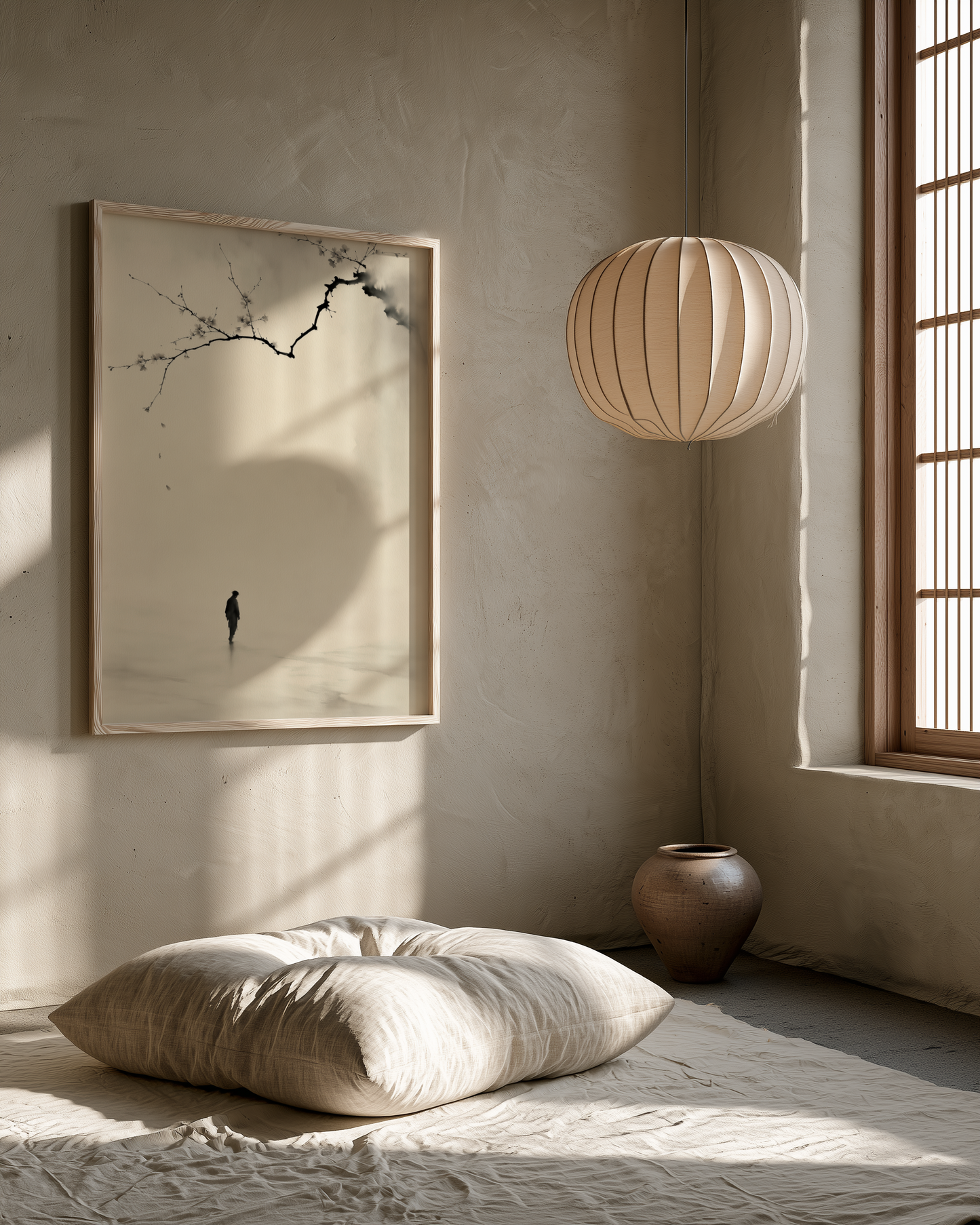 Beneath the Falling Petals print in a meditation room with stone bench and pampas grass arrangements, Yugen Print