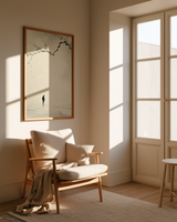 Beneath the Falling Petals print in a reading nook with mid-century armchair and French doors, Yugen Print