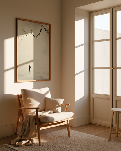 Beneath the Falling Petals print in a reading nook with mid-century armchair and French doors, Yugen Print