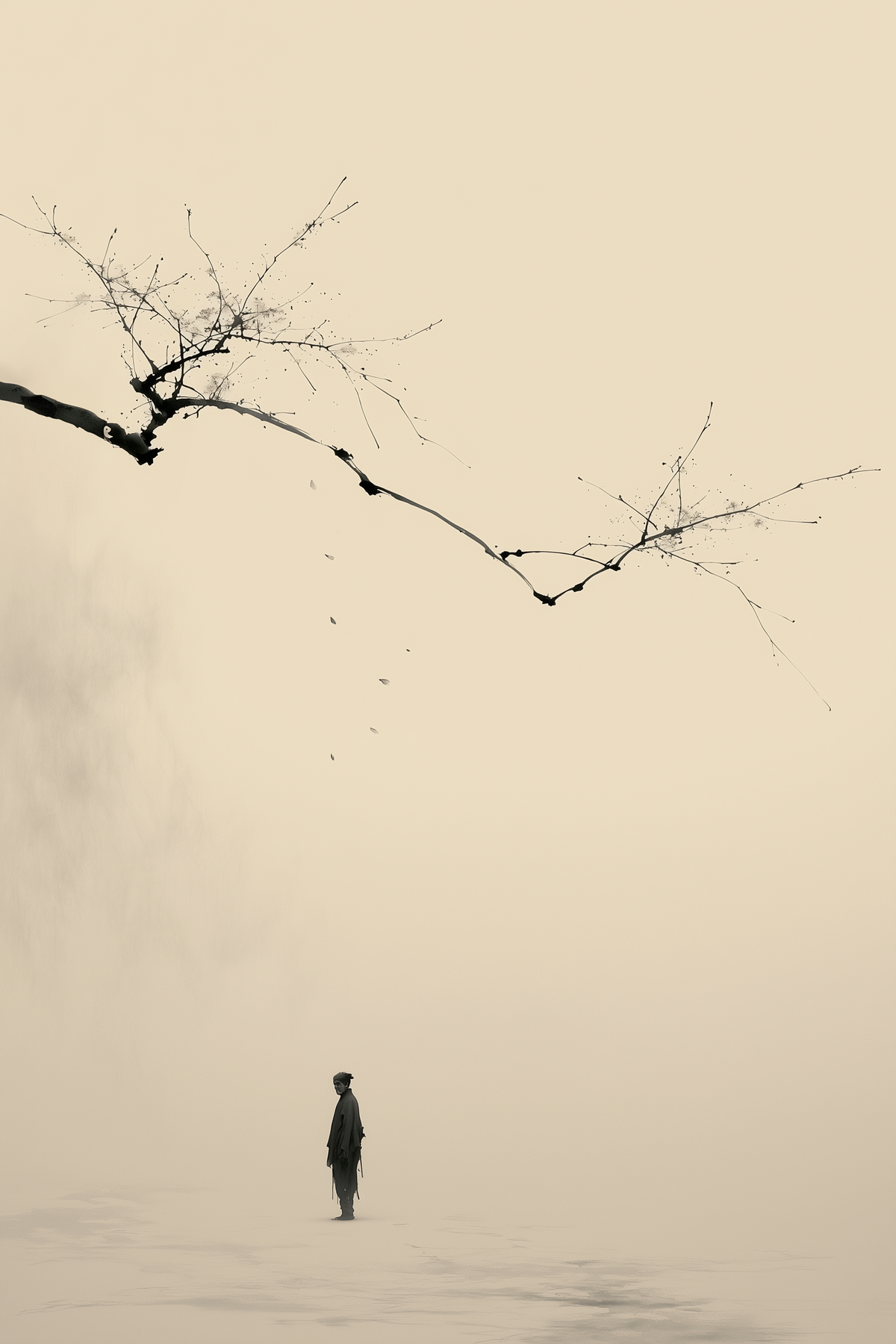 The Branch and the Wayfarer AI-assisted sumi-e ink wall art print of a lone figure beneath a bare branch in sepia and charcoal on cream, Yugen Print