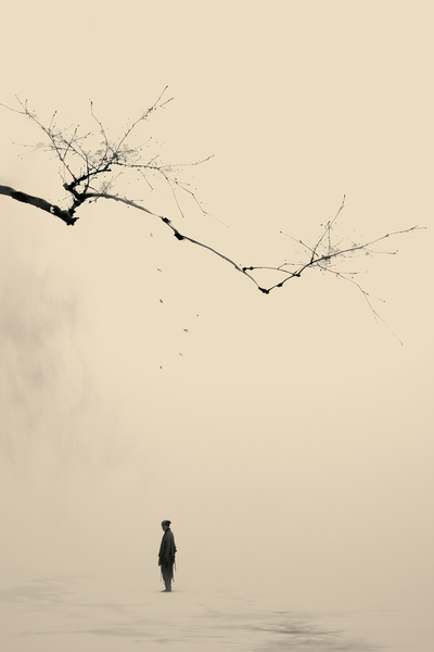 The Branch and the Wayfarer AI-assisted sumi-e ink wall art print of a lone figure beneath a bare branch in sepia and charcoal on cream, Yugen Print