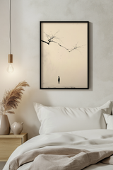 The Branch and the Wayfarer print in a bedroom with white bedding, pendant light and pampas grass, Yugen Print