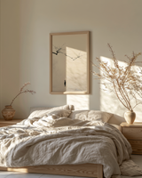 The Branch and the Wayfarer print in a bedroom with linen bedding and ceramic vases with flowering branches, Yugen Print