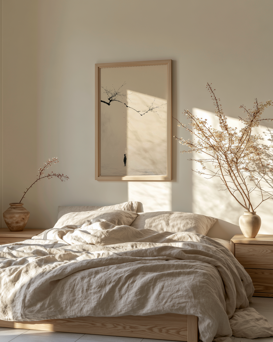 The Branch and the Wayfarer print in a bedroom with linen bedding and ceramic vases with flowering branches, Yugen Print
