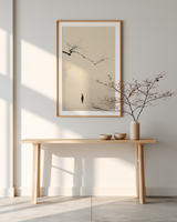 The Branch and the Wayfarer print in an entryway with light wood console table and ceramic vase with dried branches, Yugen Print
