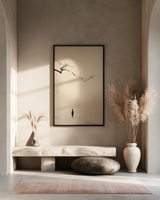 The Branch and the Wayfarer print in a meditation room with low stone bench, floor cushion and pampas grass in a ceramic vase, Yugen Print