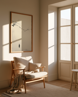 The Branch and the Wayfarer print in a reading nook with mid-century armchair and French doors, Yugen Print