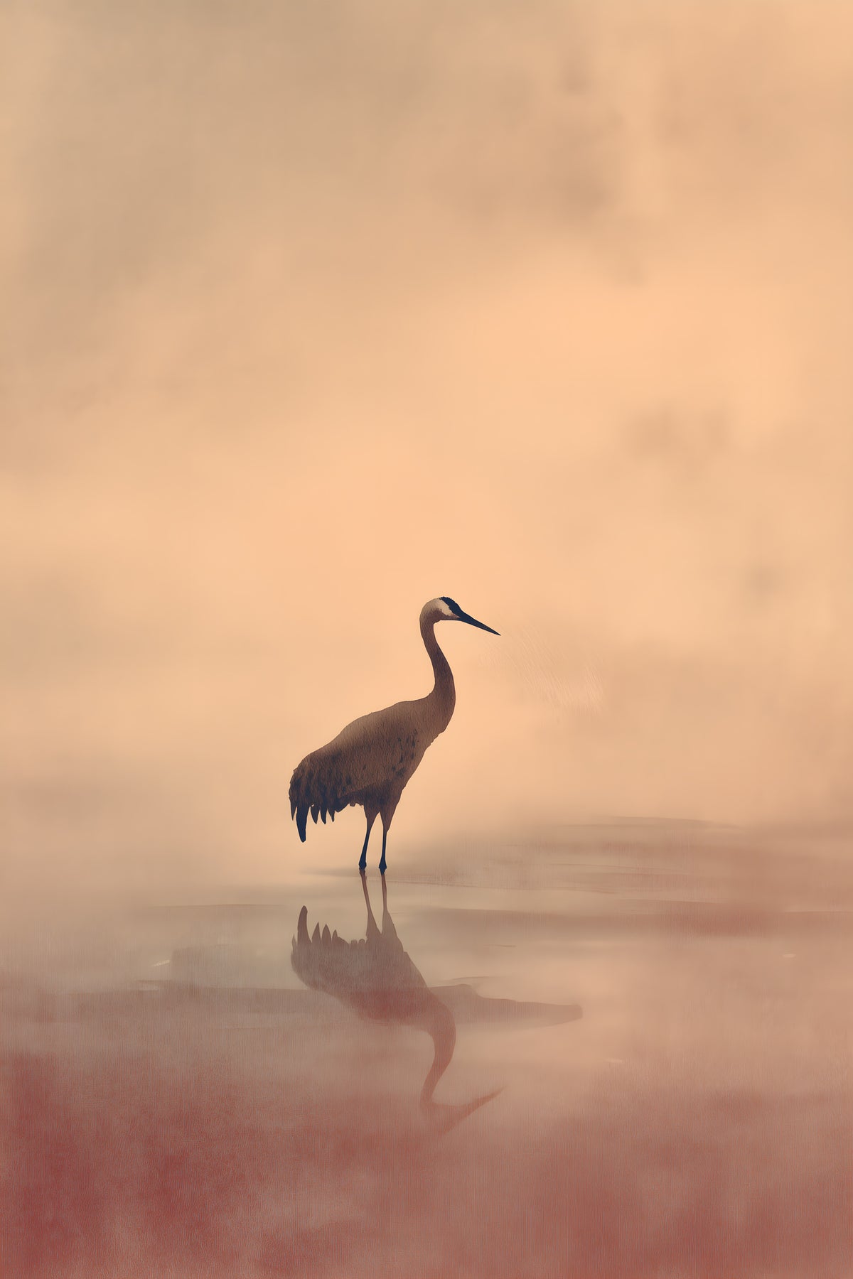 Crane at Dawn sumi-e style art print by Yugen Print: a small dark crane wades through still water under a peach sky, the water below turning rose