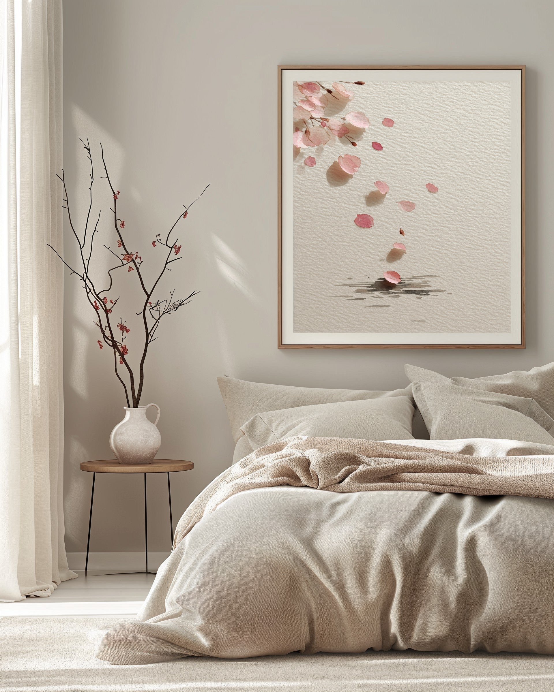 Falling Sakura cherry blossom print hanging above a linen-dressed bed with a ceramic vase and branches, soft morning light bedroom, Yugen Print