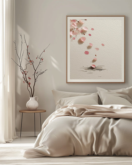 Falling Sakura cherry blossom print hanging above a linen-dressed bed with a ceramic vase and branches, soft morning light bedroom, Yugen Print