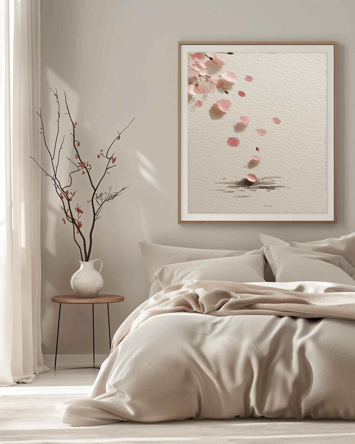 Falling Sakura cherry blossom print hanging above a linen-dressed bed with a ceramic vase and branches, soft morning light bedroom, Yugen Print