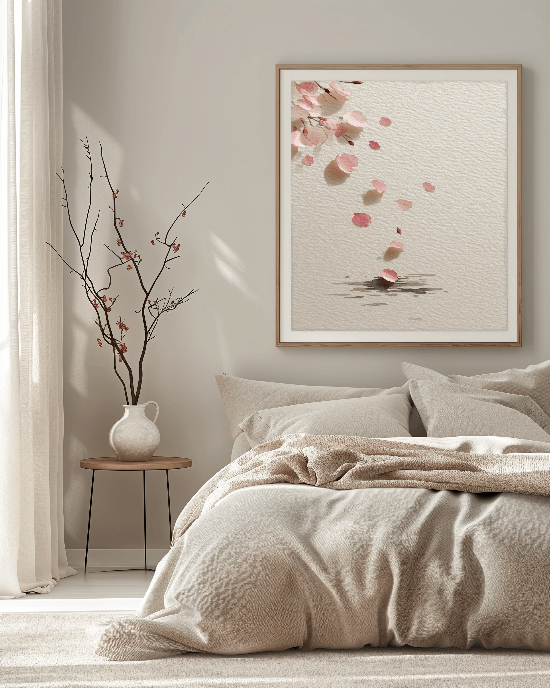 Falling Sakura cherry blossom print hanging above a linen-dressed bed with a ceramic vase and branches, soft morning light bedroom, Yugen Print