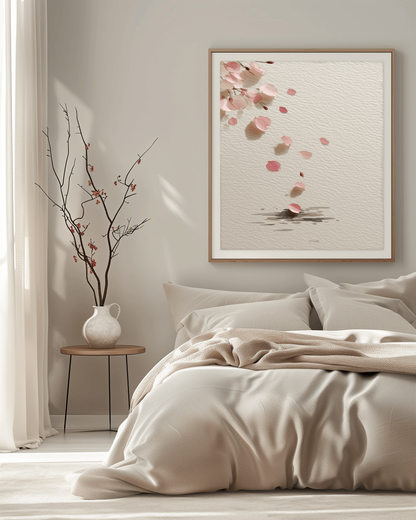 Falling Sakura cherry blossom print hanging above a linen-dressed bed with a ceramic vase and branches, soft morning light bedroom, Yugen Print